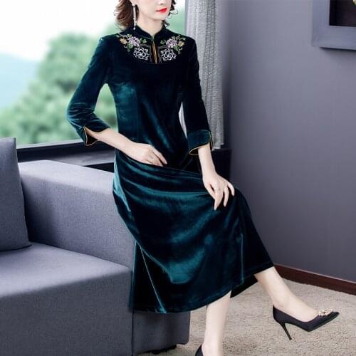 2021 Winter Green Gold Velvet Floral Embroidery Dress Vestidos Autumn Vintage 3XL Plus Size Elegant Bodycon Midi Dresses