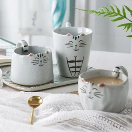 1Pcs New 250mL/350mL Cartoon Cat Coffee Mugs Plate Handmade Tea Cups and Mugs Western Dinner Dish Tableware Best Gift for Friend