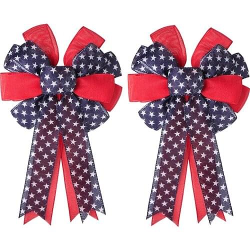 2Pcs Wreath Bow Burlap American Stars Large Tree Topper Bow Gift Bows Independence Day Party Favors Decorations