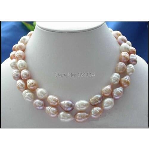2ROW 15MM WHITE PINK PURPLE DRIP FRESHWATER PEARL NECKLACE