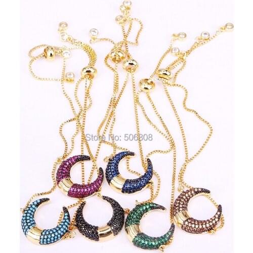 6PCS ZYZ-B6923 Micro Paved CZ Crystal Horn Slider Adjustable Chain Bracelet Mix Color Charm Crescent Moon Bracelets for Women