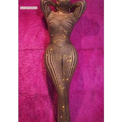 Sparkly Silver Rhinestone Mirror Elastic fabric Long Dress Women Birthday Stage play Celebrate Dress Dancer Party Show Dress