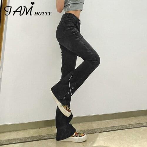 Trousers Button-up Metal Chains Patched Punk Style Black Jeans Women Flared Fashion Streetwear High Waist Denim Pants Iamhotty