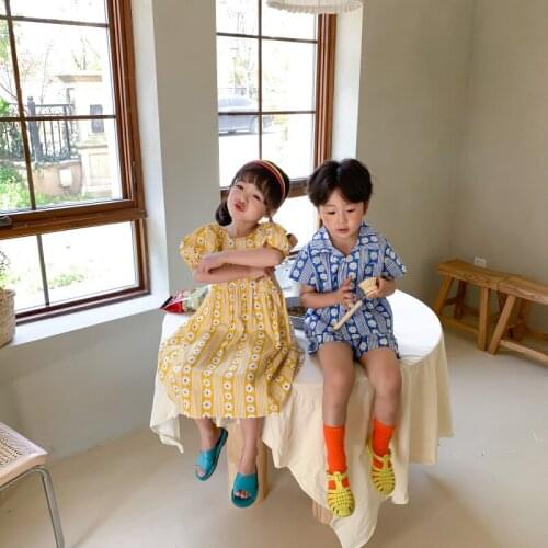 Childrens Brothers and Sisters Matching Clothes Summer New Kids Baby Boys Print Shirts Shorts 2pcs Sets Toddler Girls Dresses