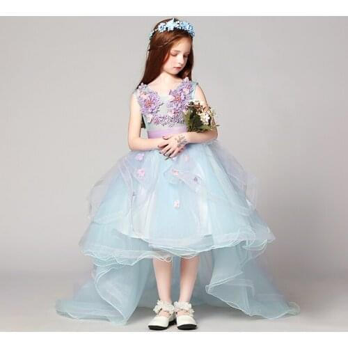 Flower Girl Dresses Illusion Sleeveless Appliques Blue Ruched V-Neck Princess Knee-Length Tulle Lace Pearls Kids Party Gown H149