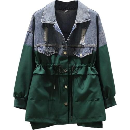 Womens Denim Jacket Oversized 4XL Ladies Fashion Windbreaker Outerwear Mid-Long Drawstring Cowboy Color Matching Casual Coats