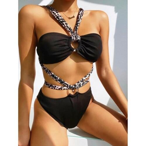 2021 Summer Womens Swimsuit Crossover Design Leopard Print Cut Flower Swimsuit Drawstring Open Swimsuit Sexy Bikini