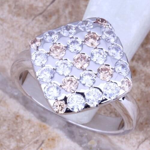 Majestic Champagne Morganite White CZ Silver Plated Womens Ring Size 6 / 7 / 8 / 9 R0967