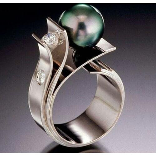 Milangirl New Design Gray Simulated Pearl Finger Rings For Women Luxury Wedding Band Filled Rhinestone Engagement Rings