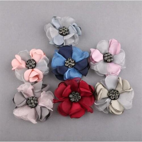 Mini Order 10Pcs 60MM Black Rhinestone Core Chiffon Fabric Flowers DIY Jewelry Ornament Accessories Floral Button Patch Sticker