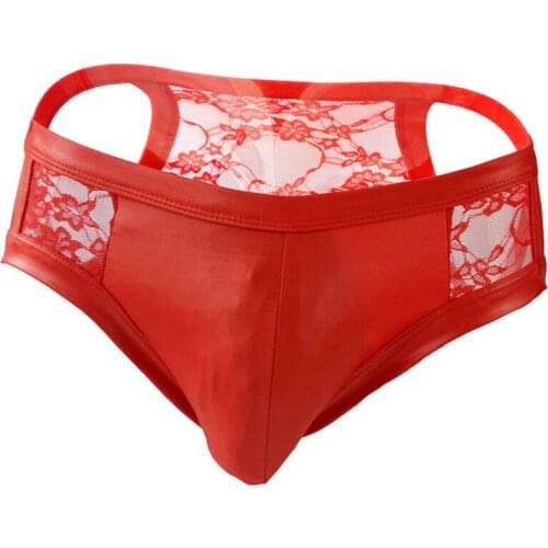 Sexy Gay Underwear Men Leather Briefs Transparent Lace Panties Man Solid Low Waist U Convex Pouch Underpants Cueca M-XL