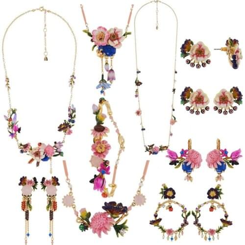 New Fashion Monet Garden Series Set Enamel Color Glaze Pink Flower Tassel Long Necklace Stud Earrings Earrings Bracelet Bangle