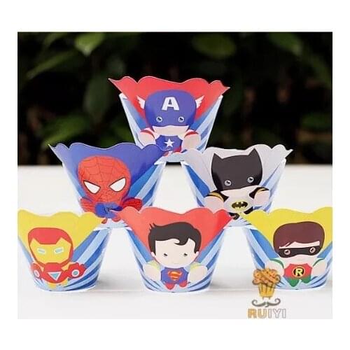 12pcs(6ps wrapper+6ps topper) Superhero Cupcake Wrapper Kids Birthday Party Gift Cake Decor Accessories
