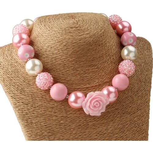 Adorable Girls Gift Resin Pink Flower Charm Chunky Bubblegum Necklace Child Environmental Acrylic Beads Hand Made Strand Jewelry
