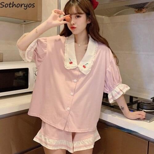 Summer Pajamas Women Kawaii Ruffles Single Breasted Short Sleeve Pajama Sets Female Embroidery Turn Down Collar Homewear Cozy