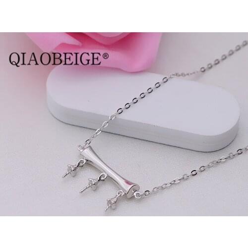 QIAOBEIGE diy accessory Three pearl necklace with chain sterling silver pendant necklace for women Natural pearl jewelry