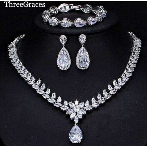 ThreeGraces 3 Piece Luxury CZ Long Water Drop Wedding Necklace Earrings Bracelet Jewelry Set For Brides Evening Party JS078