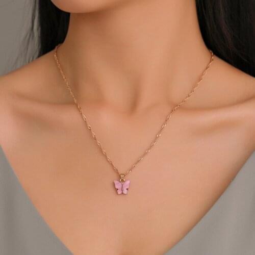 Sweet Acrylic Color Butterfly Necklaces for Women Long Wild Clavicle Chain Pendant Refined Stylish Mujer Gift 2021 Trendy