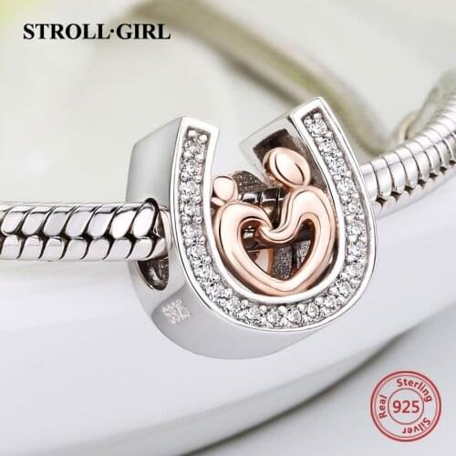 925 Silver Horseshoe Charms Mom and Kid Hand in Hand Beads Fit Original European Pendant Bracelet Diy Jewelry Accessories Gift