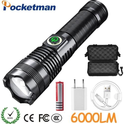 Super Brightest LED Flashlight USB Rechargeable LED Torch XHP50.2 Fishing Zoomable Hand Lamp 18650 Battery FlashLight