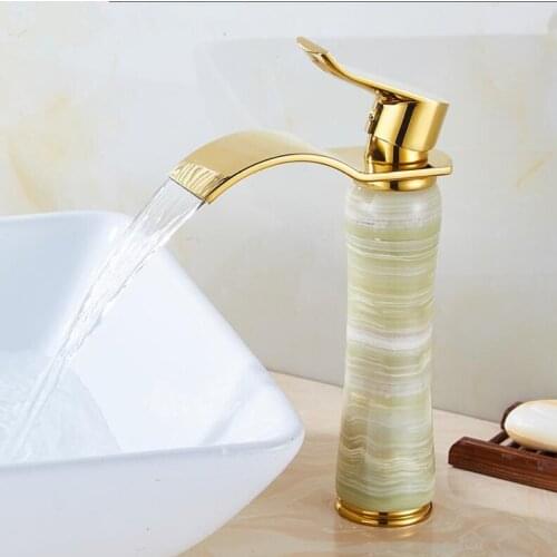 Vidric Gold Bathroom Faucet hot and cold Crane Brass and Jade Basin Faucet Waterfall Faucet Sink Faucet Single Handle water wash