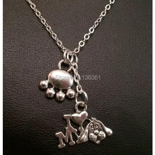 Vintage Silver I Love My Dog Footprints Necklace Pendants Charms Statement Chain Collar Choker For Women DIY Jewelry 10pcs Q615
