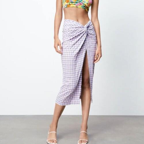 2021 summer Za womens Pink Purple Plaid retro Street casual skirt womens elegant split slim high waist mid length skirt