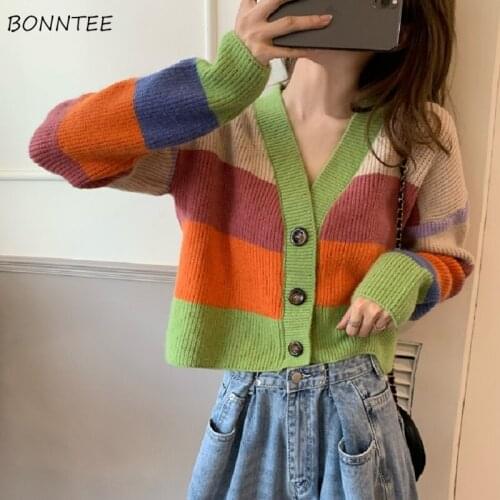 Cardigan Women Striped Colorful Cropped Spring Sweet Retro Ladies Chic Cozy Leisure Knitwear Sweater Ulzzang Harajuku Simple Ins