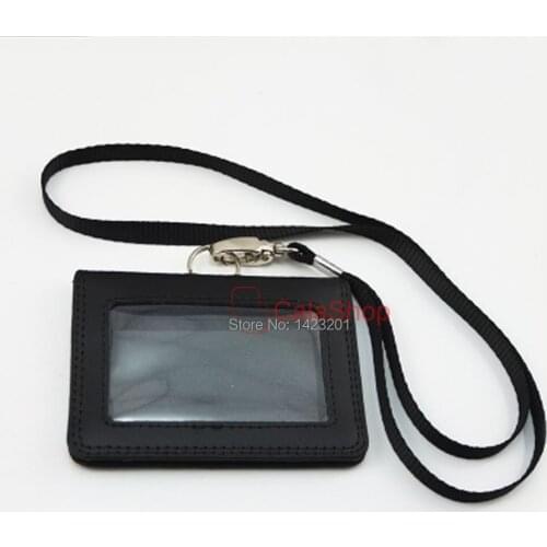 1 Set / Lot Genuine leather ID Card Badge Holder Business Office Horizontal Black With Clasp Neck Band Strap Lanyard