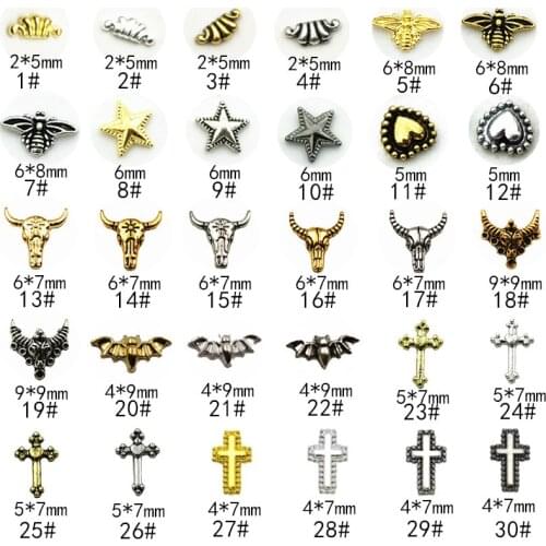 50pcs/Pack Vintage Series 1 Alloy Nail Art Parts Decals Star Bee Cattle Cross Bat Lace 3D DIY Metal Accessories Sticker Tools