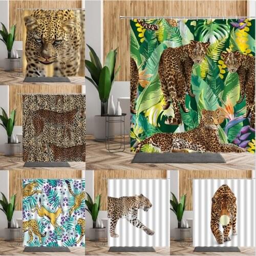 African Jungle Leopard Print Animals Bath Shower Curtain Cheetah Flowers Green Palm Leaf Hanging Curtains Fabric Bathroom Decors