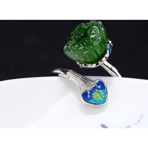 Anel Feminino Real 2018 New S925 Pure Inlay Cloisonne Ms High-grade Hetian Lotus Opening Restoring Ancient Ways Ring Wholesale