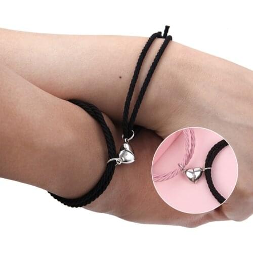 2Pcs Couple Minimalist Heart Lovers Matching Friendship Bracelet Rope Braided Magnetic Distance Bracelet Kit Lover Jewelry