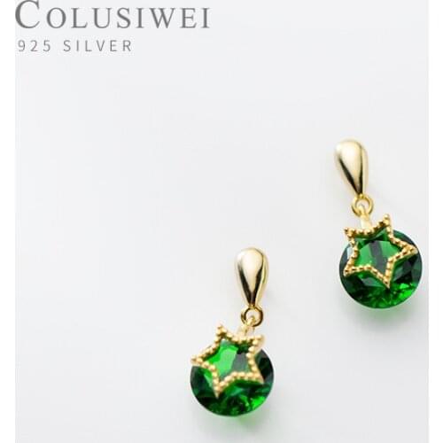 COLSIWEI High Quality 100% 925 Sterling Silver Vintage green crystal Drop Earrings for Women Star Dangle Earring Jewelry Gift