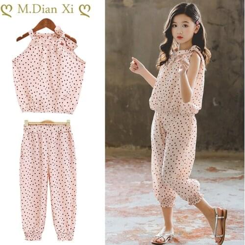 Kids Baby Girls Clothes Dot Chiffon Set Sleeveless Backless Romper T Shirt Overalls Jumpsuit Wide Leg Pants Trousers Outfits