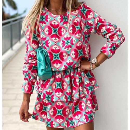 BAMBOOBOY Spring Autumn Women Fashion Vintage Flower Printed Long Sleeve Top Casual Skirt Two Piece Set Suit FD341