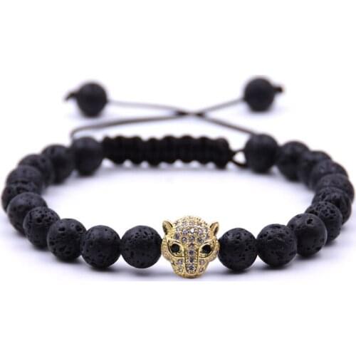 New Fashion 8MM Natural Stone Mens Tiger Eye Stone Leopard Head Beaded Weaving Adjustable Bracelet Lava Bead Couple Bracelet
