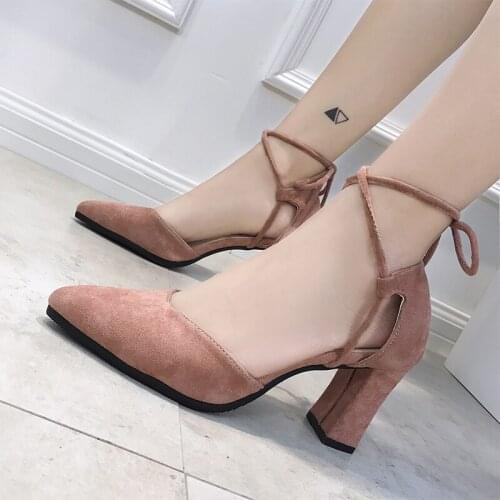 2021 New Pointed Thick Heel High Heels Single Shoes Women Summer Pink Strappy Fringed Womens Sandals Matte Shoes For Female