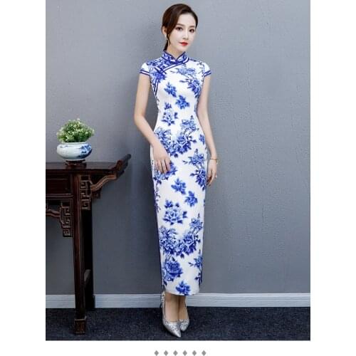 New Long-style performance cheongsam dress walk show etiquette Miss Blue and White Porcelain Patterns Printed Qipao Plus Size