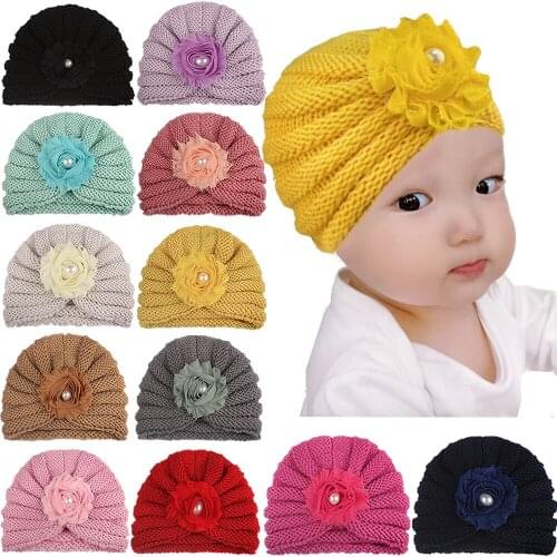 2020 Baby Accessories Clothing Infant Baby Girl Boy Winter Beanie Flower Warm Cap Crochet Knitted Pearls Hat Turban Caps