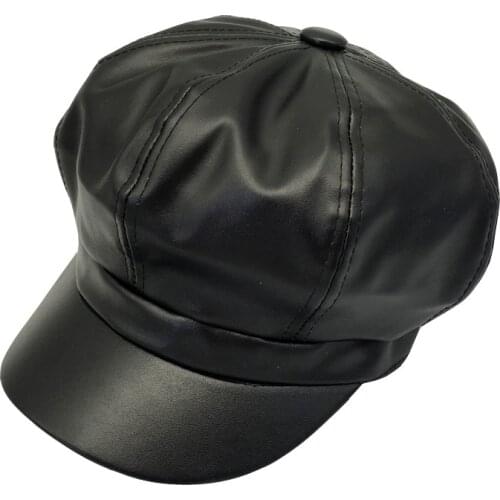 Womens Solidberet Cap Pu Hats Autumn And Winter Literature Painters Keep Warm Hat Casual Octagonal Cap British Retro Pu