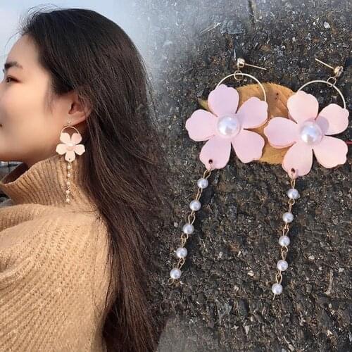 Women Fashion Chiffon Flower Faux Pearl Circle Long Dangle Stud Earrings Jewelry
