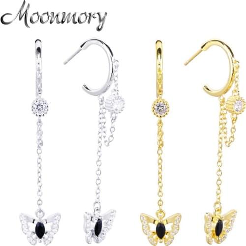 Moonmory Authentic 925 Sterling Silver Butterfly Chain Earrings For Women Elegant Animal Jewelry European Pop Gift For Friends