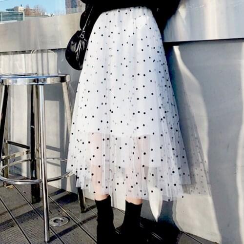 Mesh Skirts Women 2019 Summer High Waist Dots Print Elegant Lace Saia Midi Vintage Female Mid-calf Faldas Mujer Woman Midi Skirt