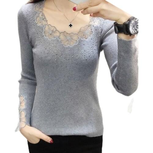 Lace Spring embroidery O-Neck Rhinestone Pullovers Women Sexy Mesh Hollow out Autumn Sweaters Soft Tops Lady Long Sleeve Jumpers