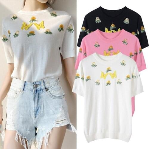 New 2020 summer women designer embroidery butterfly sequins flowers knitted sweaters girls sweet knitting t-shirt top JC460