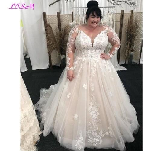 Plus Size V-Neck Wedding Dresses Long Sleeves Lace Appliques Long Bridal Dress A-Line Tulle Wedding Gowns Vestido De Noiva