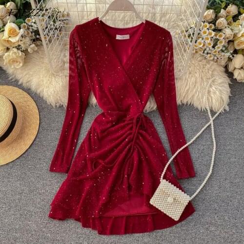 2020 New Spring Autum Sexy Short Dress Women V Neck Long Sleeved Irregular Hem Bandage Dresses Ladies Elegant Bodycon Dress