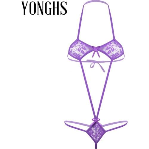 Women Bowknot Micro Bikini Monokini Bodysuit Erotic Sexy Floral Lace One-Piece Halter Neck Sleepwear Swimsuit Lingerie Nightwear