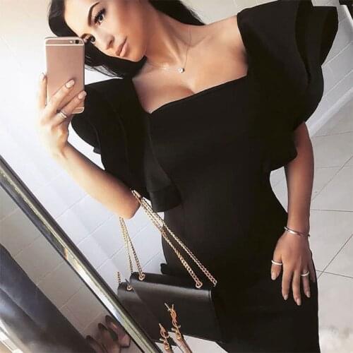 Summer Polyester Womens Dress Slash Neck Short Sleeve Pullover Black Solid Ruffles Fashion Office Lady Dress
